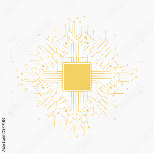 Yellow Square Microchip on a Detailed Circuit Board Pattern Background technology golden