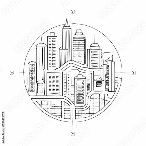 Circular Silhouette of a City Skyline with Skyscrapers and Roads urban landscape circle