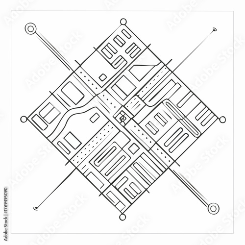 Stylized Diamond Shaped City Map Sketch with Compass Points and Roads urban plan schematic