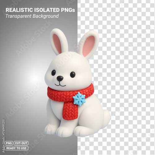 Cute Winter Bunny Rabbit with Red Knit Scarf and Blue Snowflake 3D Character Transparent PNG file ready to be used.