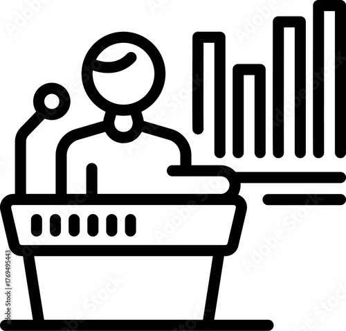 Politician giving a speech at the podium, discussing growth and progress shown on a bar chart