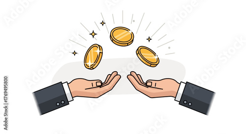Financial Exchange Vector illustration of hands interacting with gold coins, symbolizing investment and wealth