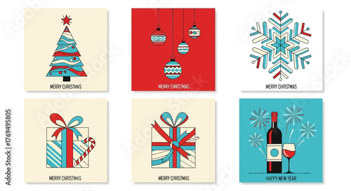 Festive Christmas and New Year's Greetings A Set of Holiday Icons for Celebrations and Joy