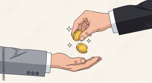 Financial Exchange A Hand-to-Hand Coin Transfer Depicting Transactions and Payments