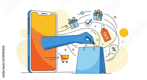 Online shopping illustration Hand reaching out of phone with shopping bag, gift boxes and discount tags