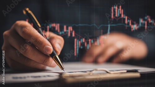 Stock market analysis, business, finance and investment. Finance analyst analyzing stock market trading graph, economic growth chart, planning and strategy, business investment with financial report.