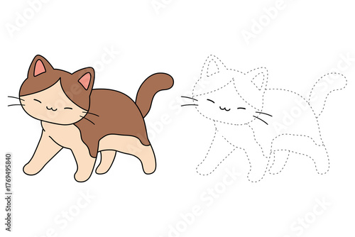 Trace and color cute cat for kids printable vector