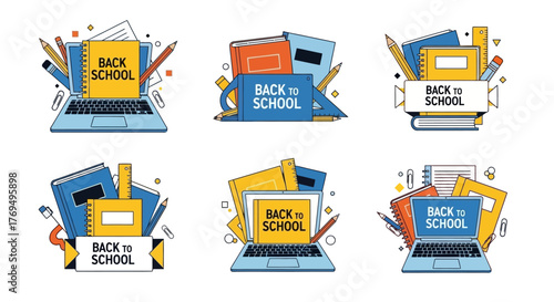 Back to School Education Icons Laptop, Books, and School Supplies Elements Set