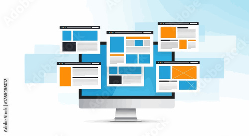 Website Design Concept Desktop Computer with Multiple Web Page Layouts and Interface Design Icons