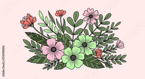 Delicate floral arrangement featuring pink and green flowers, surrounded by leaves and blossoms