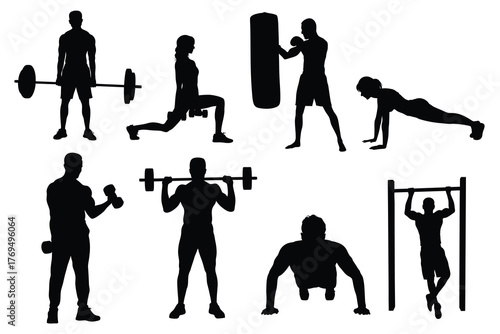 Fitness and Gym Training Silhouettes Set - Weightlifting, Boxing, Pushups, and Pull-ups Workout