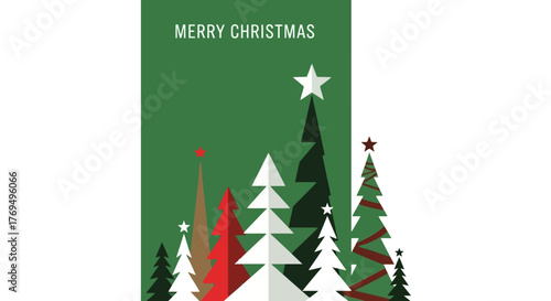 Merry Christmas Festive Holiday Greeting Card Featuring Stylized Christmas Trees on Green Background