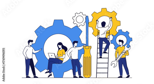 Teamwork and collaboration concept, fixing and adjusting gears