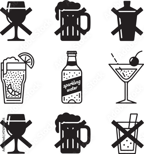 Set of Nine Alcohol Free Icons with Transparent Background beverage drink