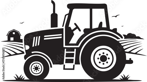 Adobe Illustrator Artwork Farm Tractor with Barn & Fields - Agricultural Work, Rural Life, & Farming Industry Vector