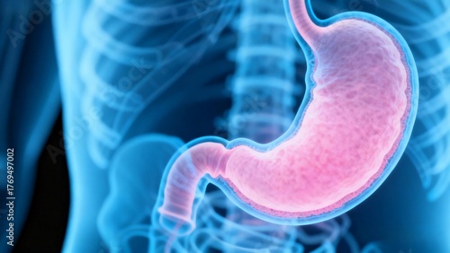 Blue and pink hue X-ray medical image, cross-sectional anatomy of the stomach through X-ray perspective view;