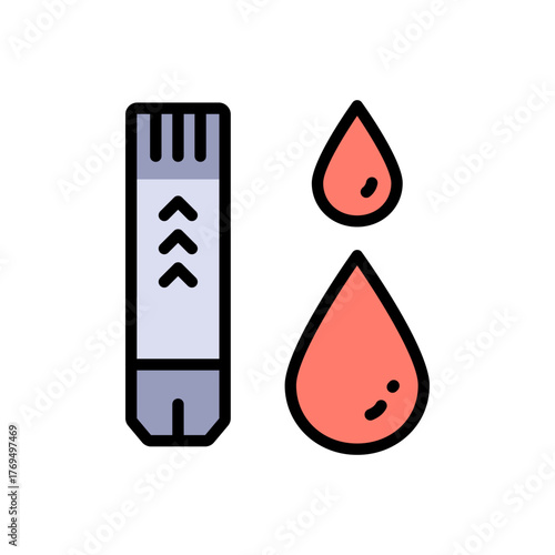 Diabetes test strip and blood drop color vector icon. Blood glucose test strips simple symbol. Glucometer pharmacy vector symbol, logo illustration.