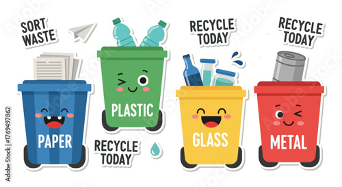 Recycling Bins with Labelled Waste, Ecological Concept