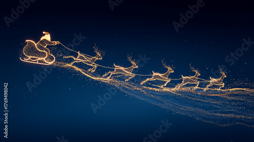 Santa sleigh with reindeer made of golden light