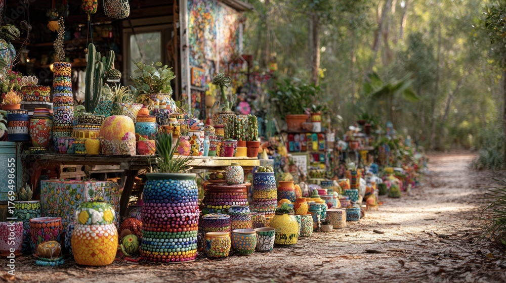 Fototapeta premium Display of colorful ceramic pots and planters outside with a pathway and greenery in background