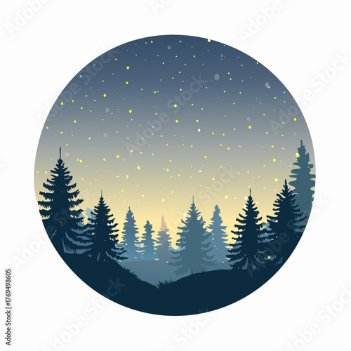 Silhouette of pine trees under a starry night sky with a gradient of blue and yellow hues Keywords: night sky, stars, pine trees, silhouette, forest, nature, landscape, winter, twilight, dusk