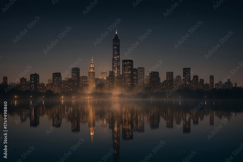 Fototapeta premium Modern city skyline reflected in water at dusk