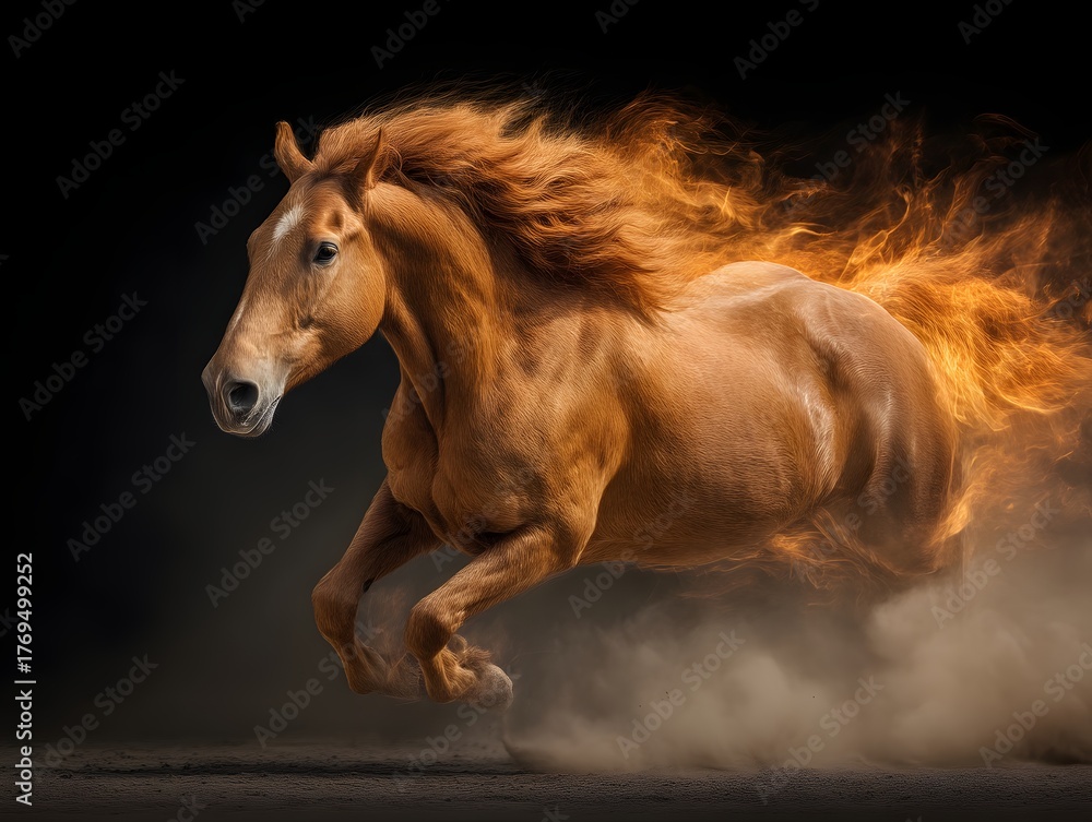 Obraz premium Horse with a mane of fire is running through the air. Concept of freedom and power, as the horse's mane and tail are blown by the wind