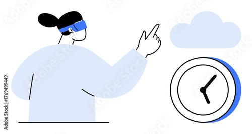 Individual with VR headset pointing at cloud and clock icons. Ideal for technology, virtual reality, futuristic innovation, time management, cloud computing, productivity, simple flat metaphor