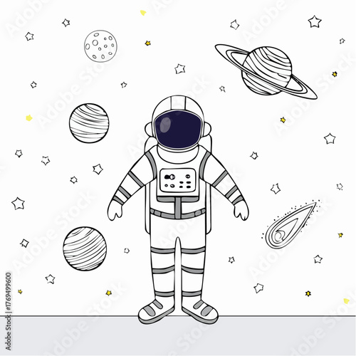 Astronaut Floating in Space with Planets, Moon, and Comet Illustration cosmos galaxy