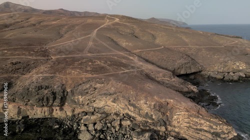 Aerial view of the the volcanic coast of the southern part of the Fuerteventura Island, Canary Islands, Spain.