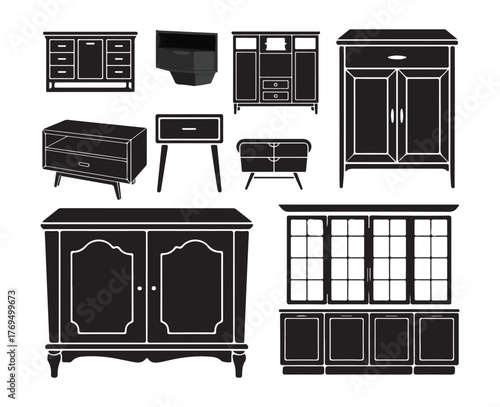 Wooden Furniture Silhouette Set | Cabinet, Drawer, Wardrobe, Cupboard Vector Illustration.