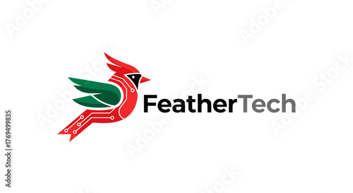 FeatherTech Logo Featuring Stylized Cardinal Bird with Green Wing and Modern Font.