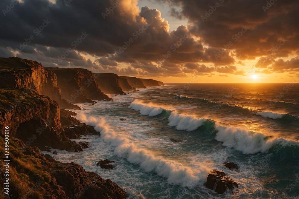 Obraz premium Majestic Coastal Sunset with Crashing Waves and Dramatic Cliffs at Golden Hour