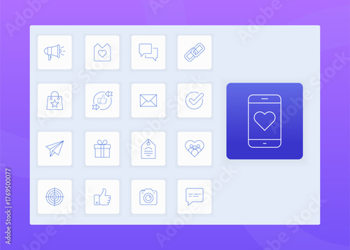 Social media and marketing icon set – communication, engagement, branding, content creation, and digital promotion in modern blue gradient vector design