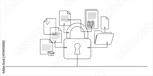 Privacy protection, secret secured lock, safety or security to archive file or document continuous single line art drawing sketch on white background