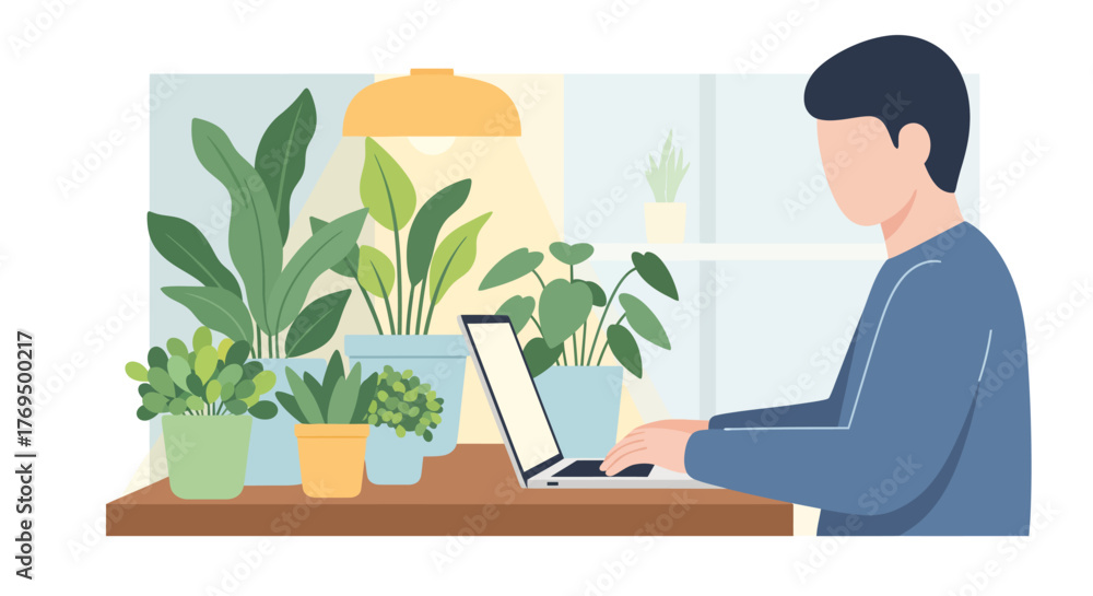Fototapeta premium A serene home office scene with a character focused on a laptop, surrounded by numerous potted plants, illustrating a calm and productive remote workspace environment