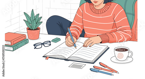 A cozy illustration scene of a focused character diligently writing or studying at a modern desk, surrounded by books, a plant, and a warm beverage, depicting quiet concentration