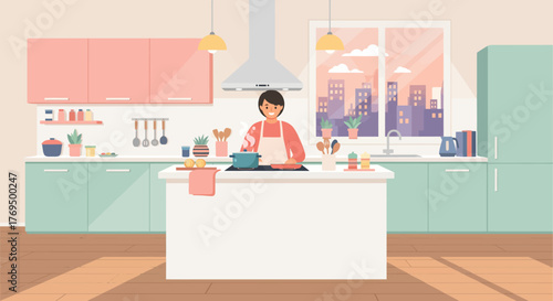 A cheerful character in a modern kitchen scene, focused on cooking and enjoying a relaxing lifestyle