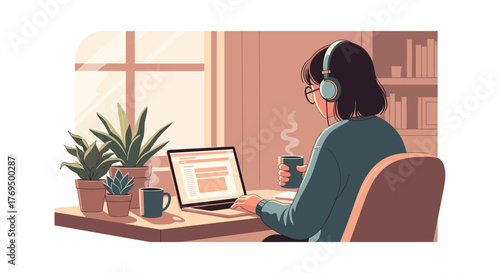A tranquil home office scene showcasing a focused character working on a laptop, embodying the essence of remote productivity and comfortable daily life