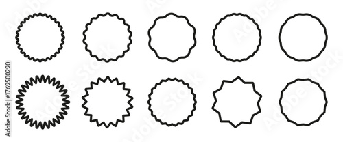 Set of curve edge frames. Wavy circles. Circle lined borders. Simple round frames. Graphic illustration. Design of geometric line. Editable stroke.