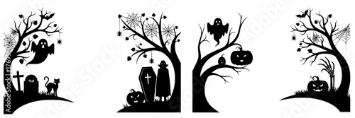 Halloween-theme vector frame set for graphic works:
 silhouette illustrations of spooky trees and figures  