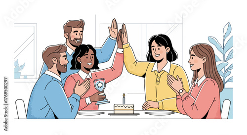 Illustration of a celebratory scene with diverse characters giving a high five around a cake