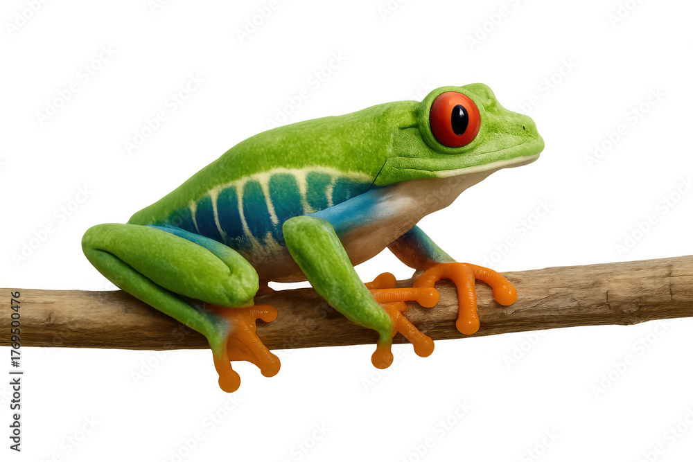 Obraz premium Red eyed tree frog perching on a branch, agalychnis callidryas amphibian habitat wildlife, transparent background