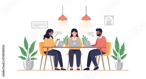 Teamwork scene with diverse characters collaborating on laptops at a modern office desk, promoting productivity and communication