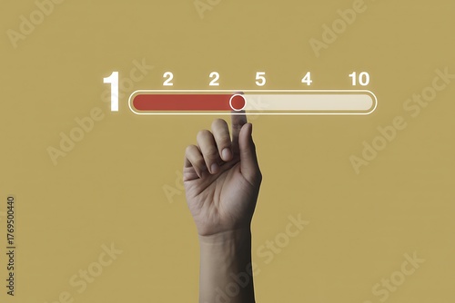 Hand selecting a value on a horizontal progress bar, indicating decision making