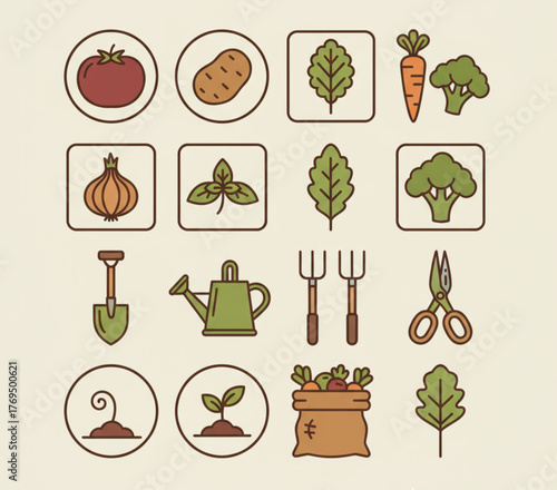 Colorful Vegetable Garden Icons Tomato, Potato, Carrot & More