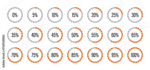 Progress bars. Template of orange and gray color fill pie charts indicator. Round graph loading progress set. Circle diagrams icons for infographics from 0 to 100 percent. Round percentage infographic
