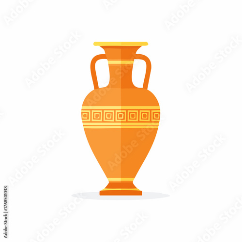 Traditional orange Greek style amphora vase with handles and yellow geometric meander pattern design