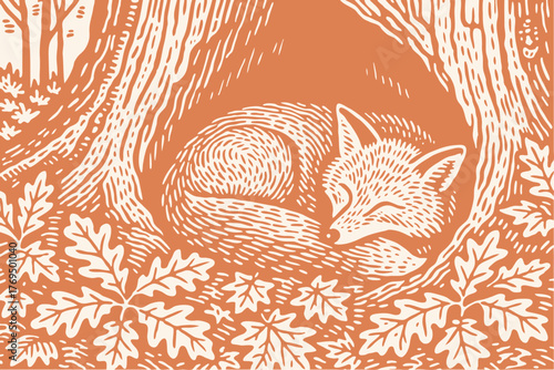 A cute fox sleeping peacefully in a tree hollow, surrounded by autumn oak leaves. Cozy vector illustration in a vintage woodcut or linocut style.