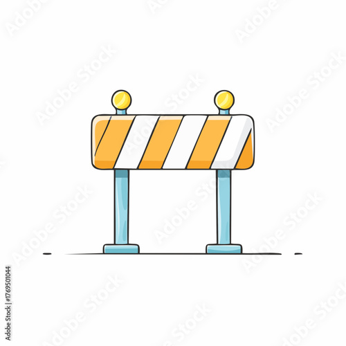 Cartoon barrier with stripes and lights, construction or road works concept